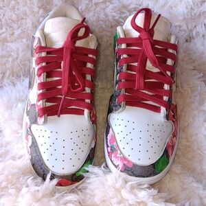 Nike Dunks Low Top Custom Women's Sneakers with Red and Floral Accents